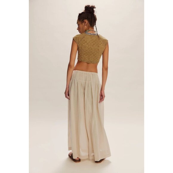 FREE PEOPLE Free-Est Rising Sun Wide-Leg Smocked Low-Rise Oatmeal Pants Sz M - Picture 3 of 7